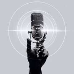 Hand adjusting mic with glowing rings radiating sound and voice energy.