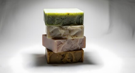 Fototapeta premium Stack of Organic Natural Handmade Soaps with Herbal Ingredients and Beautiful Textured Surfaces