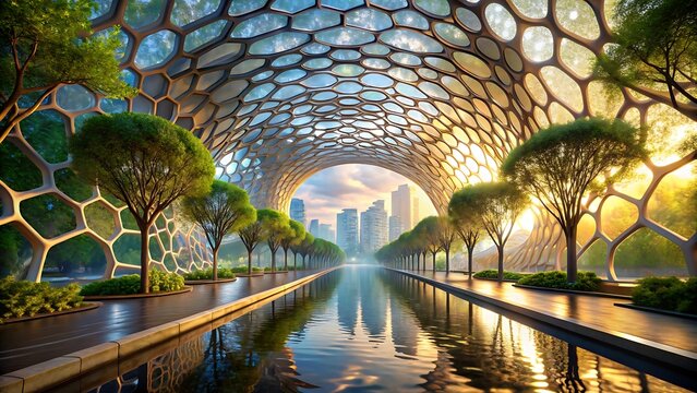 Futuristic ecofriendly city park with modern architecture