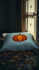 Decorative Pillow With Pumpkin Print Among Autumn Leaves in Cozy Sunlit Room