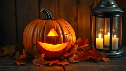 Halloween Jack-o'-Lantern With Candles and Festive Fall Decor