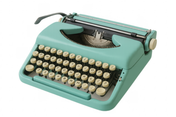 Turquoise vintage typewriter on transparent background, ready for typing