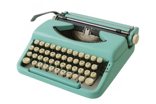 Turquoise vintage typewriter on transparent background, ready for typing
