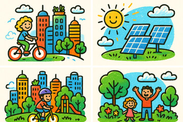 Fototapeta premium Colorful doodle icons of a futuristic city with children and solar energy