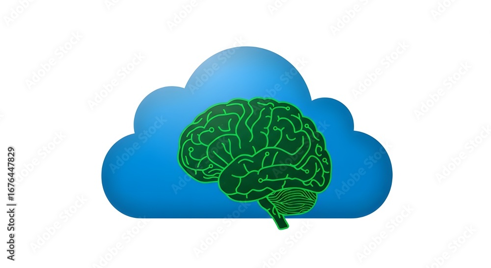 Poster green brain inside blue cloud | ai concept for cloud computing, artificial intelligence, neural netw
