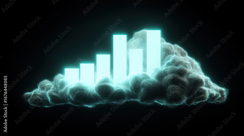 Poster digital cloud with glowing bar graph represents data growth and analytics. ethereal design conveys s