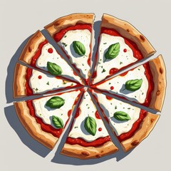 The image is a digital illustration of a Margherita pizza, cut into eight slices, with fresh basil leaves on top and a red sauce and white cheese visible. The pizza looks delicious.