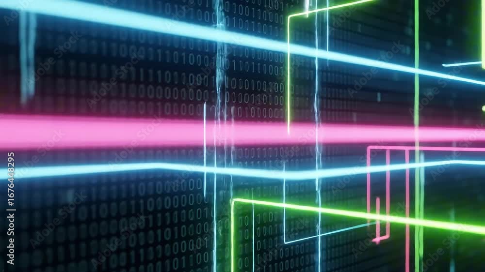 Poster colorful digital abstract lines and binary code create a futuristic tech background for designs