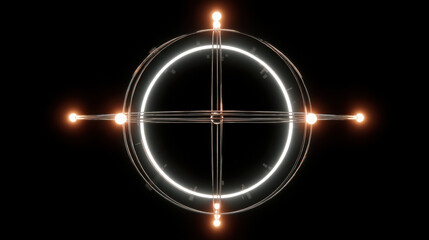 Glowing circular design with intersecting lines and luminous points creates captivating visual effect. interplay of light and geometry evokes sense of modernity and technology