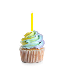 Delicious birthday cupcake with burning candle on white background