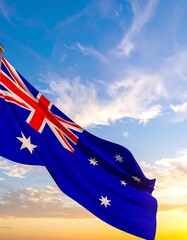 Australian flag waving in a sunset sky