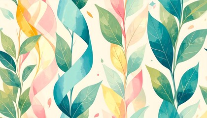 Delicate, pastel leaves and ribbons pattern