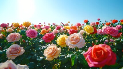 A bed of roses in every color blooming under a clear afternoon sky, petals softly fluttering in the breeze 
