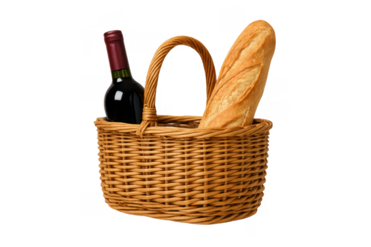 Wicker picnic basket holding wine bottle and french baguette on transparent background