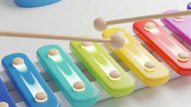 Colorful xylophone with vibrant bars being played by mallets, set against a bright, playful background