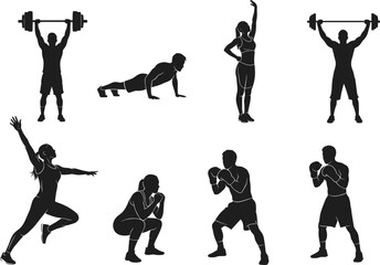 Fitness workout silhouette set, gym training vector, cardio, boxing, stretching, weightlifting, squat, push-up, dance exercise, active lifestyle, black icons
