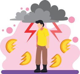 Sad man under storm of financial crisis illustration