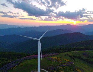 Aerial view of a wind turbine at sunset over Appalachian mountains, with wildflowers