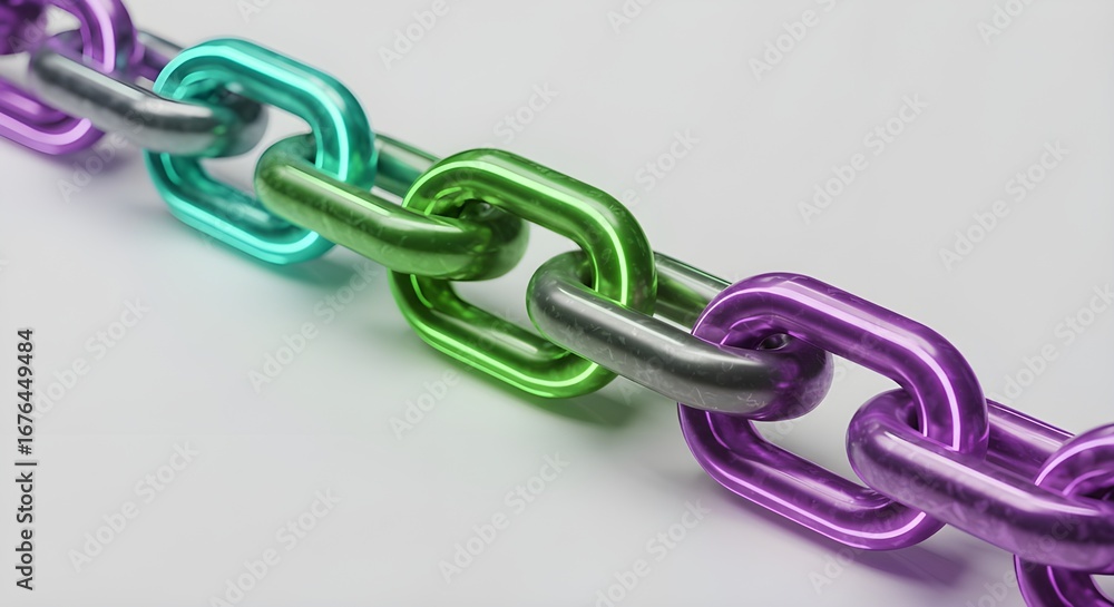 Poster colorful chain links with metallic texture on white background | conceptual connection graphic for b