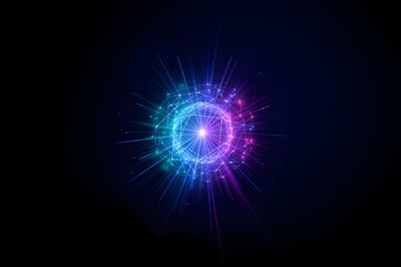 Obraz premium Blue glowing light bulb on abstract blue background with stars and energy rays