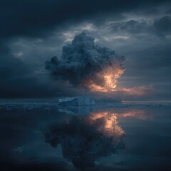 Dramatic arctic sunset, dark clouds, icebergs reflect in calm water