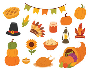 A set of clipart images with cartoon illustrations on an isolated white background, cozy festive elements for Thanksgiving. Flat vector illustration, bright warm autumn colors.