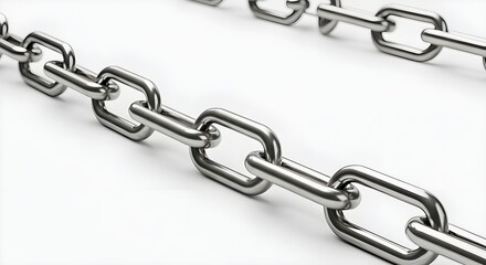 Obraz premium Metal Chain Links Close-Up on White Background | Strong Metallic Connection for Security, Industry, and Supply Chain Visuals
