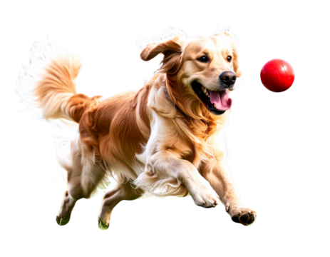 Golden Retriever Playing with a Red Ball on Grass, Dynamic Action Pose, Isolated on Transparent Background