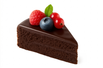 Delicious chocolate cake slice with berries and mint on transparent background