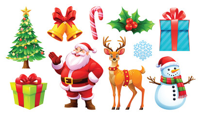 Festive collection of Christmas elements including Santa, a reindeer, snowman, decorated tree, and gift boxes. Vector cartoon illustration