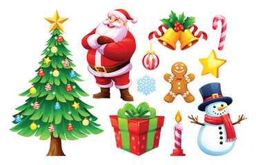 Collection of festive Christmas elements with Santa, a snowman, a decorated tree, gifts, gingerbread man, and candle. Vector cartoon illustration