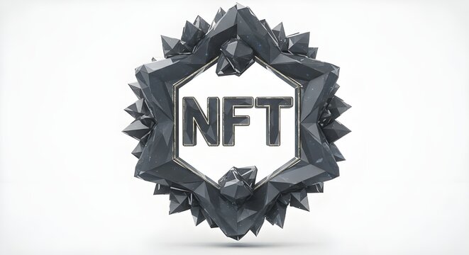 NFT Token Logo with 3D Polygon Frame on White Background | Abstract Digital Currency Symbol for Crypto Art, Blockchain Technology and Non-Fungible Token Marketing