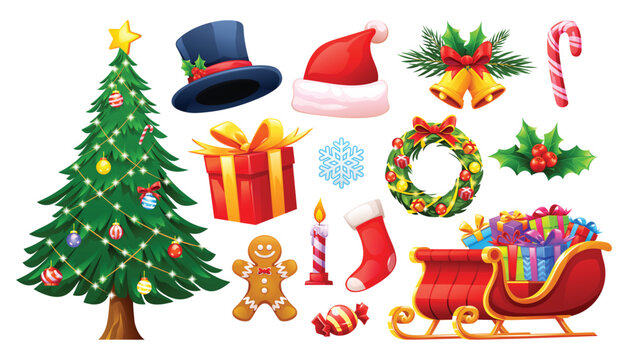 Collection of various Christmas elements like a decorated tree, sleigh with gifts, bells, hat, gingerbread man, and candle. Vector cartoon illustration