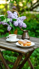 Delicate pastries and flowers in a garden setting