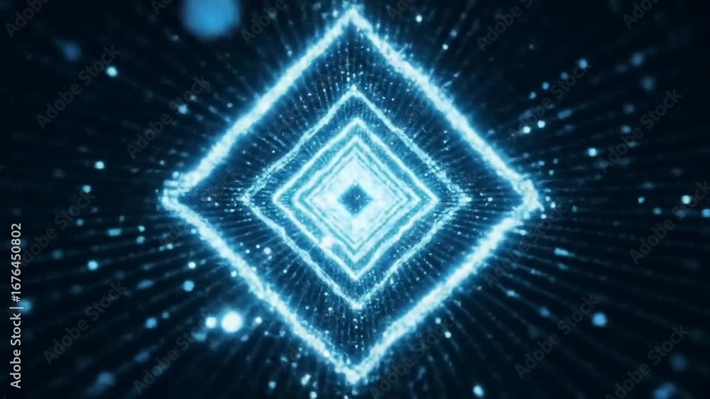 Poster a futuristic tunnel made of glowing blue digital particles forming diamond-shaped geometry. the scen