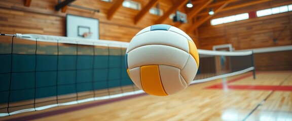 Dynamic action shot of volleyball in flight over net, hardwood court in background,   championship,   vintage