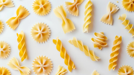 Symmetrical Arrangement of Raw Pasta Shapes on White