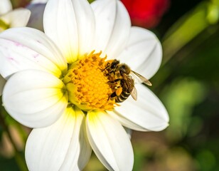 Bee on White Dahlia Flower