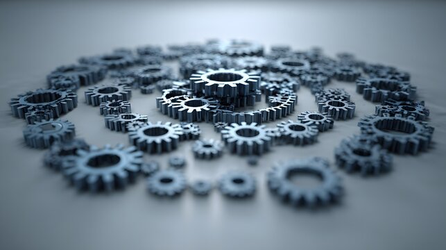 A collection of metallic gears arranged in a swirling pattern on a light gray surface, showcasing intricate details and a sense of mechanical complexity.