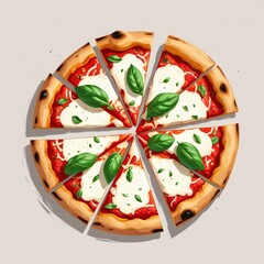 The image is a digital illustration of a Margherita pizza, cut into slices, topped with fresh basil leaves, red sauce, and feta cheese. The pizza looks delicious against a plain background.