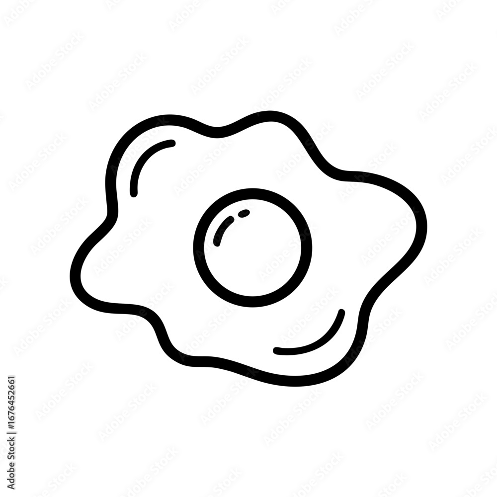 Poster a simple line drawing of a fried egg with a runny yolk and irregular edges on a white background
