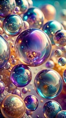 Naklejka premium Iridescent spheres with colorful reflections and bokeh effect