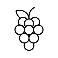 Simple outline drawing of a bunch of grapes with a leaf and stem isolated on a white background view