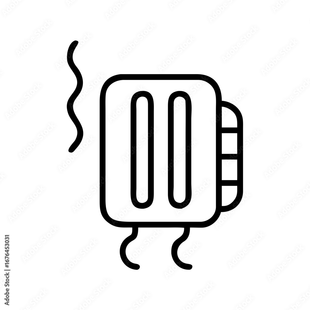 Poster illustration of a toaster with two slots and steam rising from it in a simple outline style