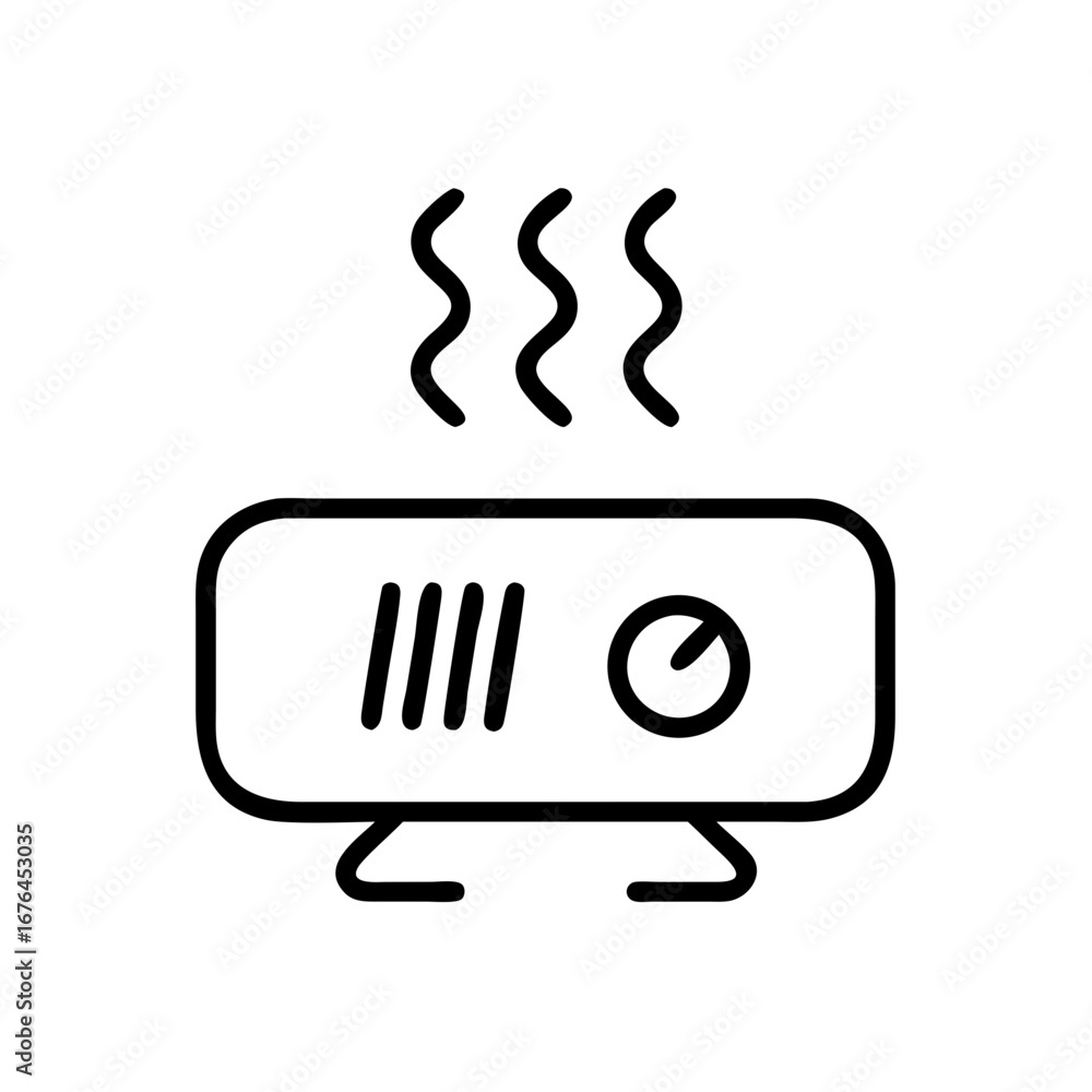 Poster illustration of a small space heater with visible heating elements and temperature control knob desi