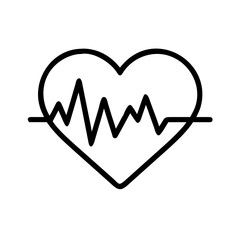 Heartbeat line inside a heart shape representing cardiology and health monitoring in a simple black outline