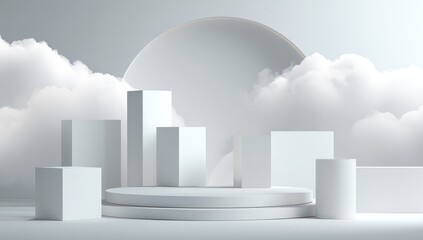 Minimalist white 3D podium scene with clouds