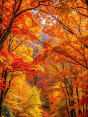 A densely forested landscape with vibrant autumn leaves changing colors in shades of orange
