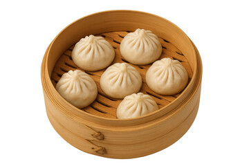 Fototapeta premium Steaming hot dumplings served in traditional bamboo steamer basket with transparent background