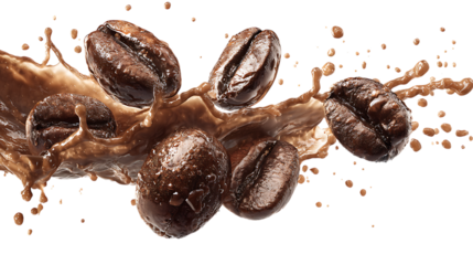 Coffee beans splashing in chocolate sauce isolated on transparent background.